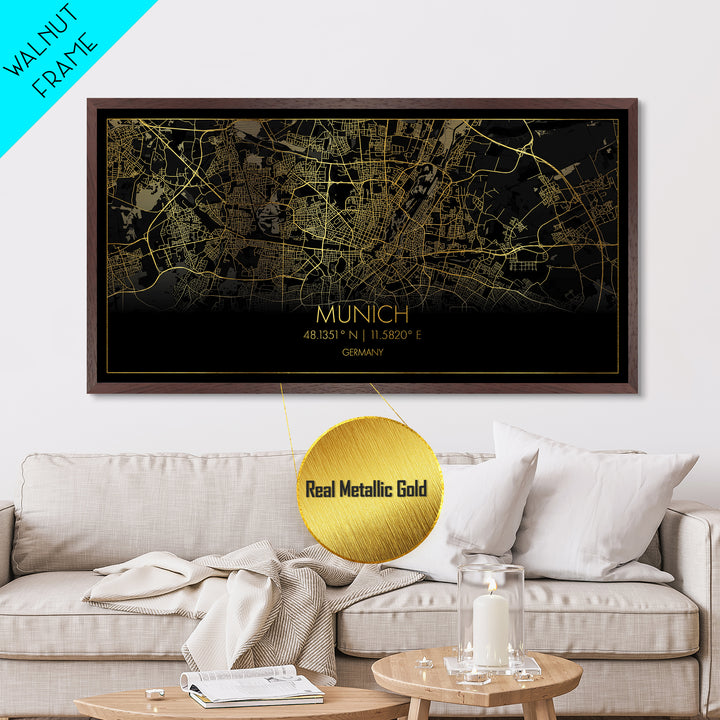 Munich Germany City street map, Metallic Gold Print, Metal Art, wood framed map, black and gold, Street Map Wall Art, Housewarming Gift