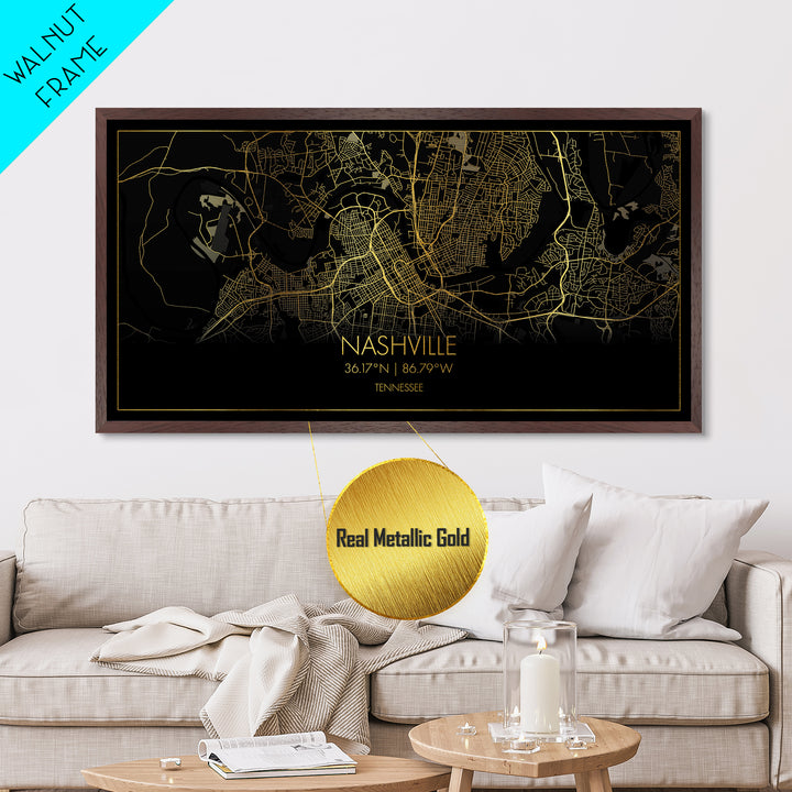 Nashville Tennessee City Poster, Metallic Gold Art, Metal Art, real wood frames, black and gold, Street Map Art, Map Art