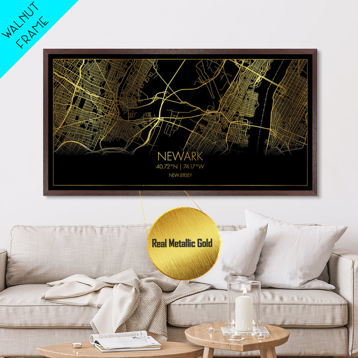 Newark New Jersey City street map, Metallic Gold Print, Metal Art, wood framed map, black and gold, Street Map Wall Art, Office Decor