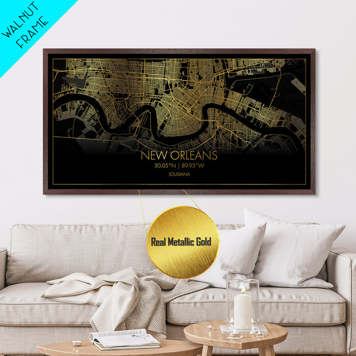 New Orleans Louisiana City Poster, Metallic Gold Art, Metal Art, real wood frames, black and gold, Street Map Art, Housewarming Gift
