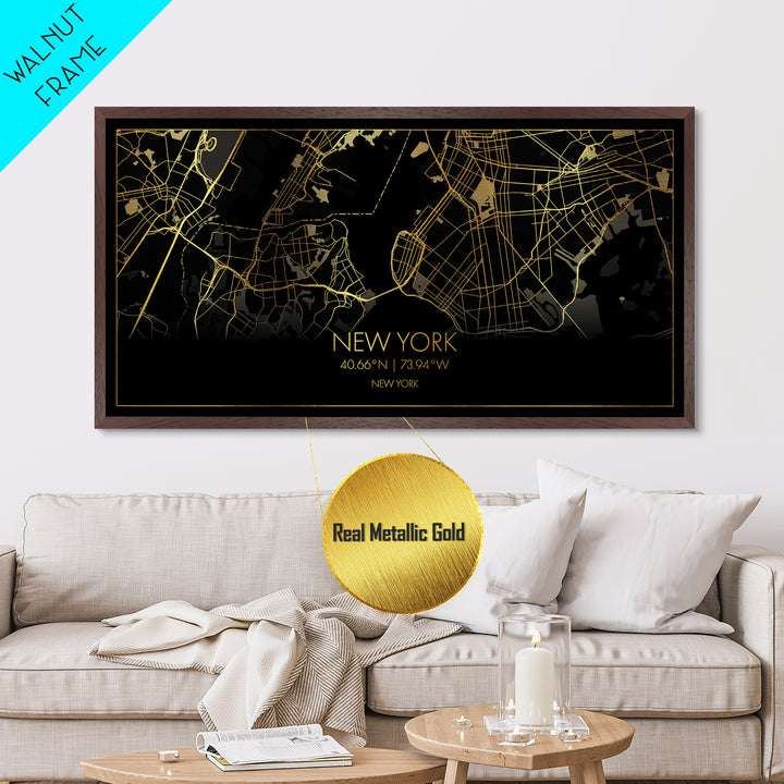 New York New York City Poster, Metallic Gold Art, Metal Art, real wood frames, black and gold, Street Map Art, College Dorm Décor