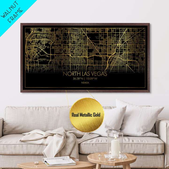 North Las Vegas Nevada City Poster, Metallic Gold Art, Metal Art, real wood frames, black and gold, Street Map Art, Modern House Art
