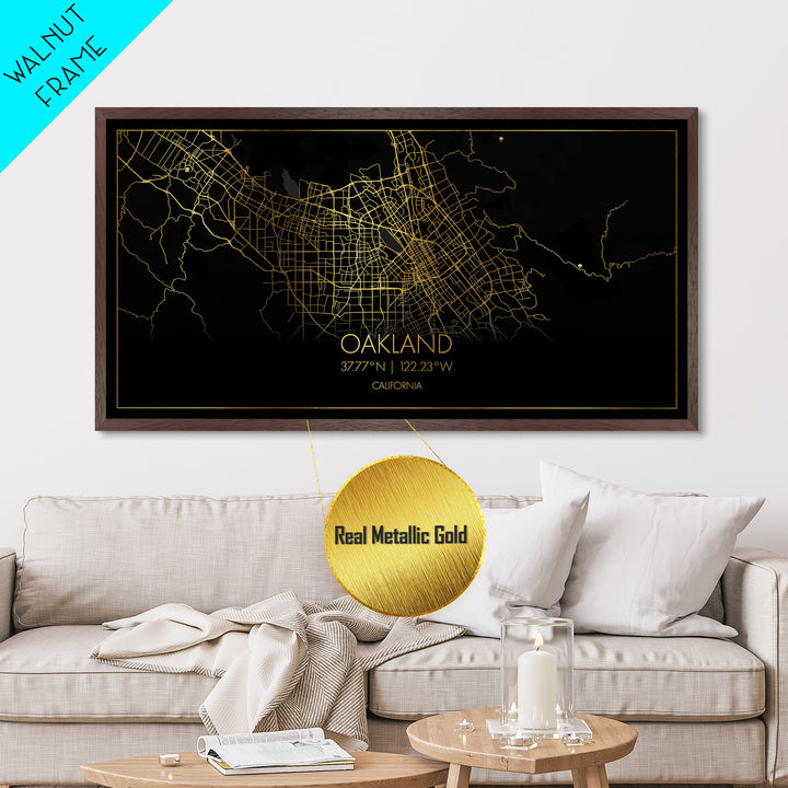 Oakland California City street map, Metallic Gold Print, Metal Art, wood framed map, black and gold, Street Map Wall Art, Office Decor
