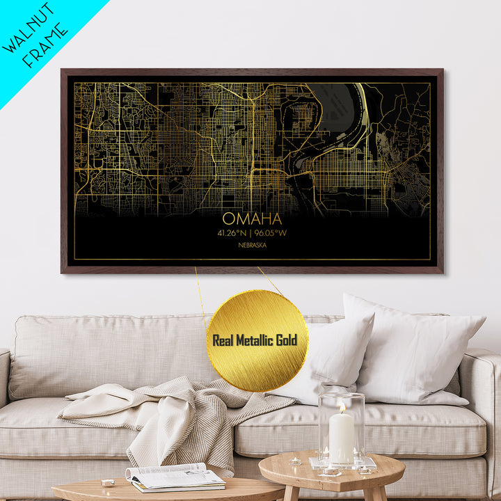 Omaha Nebraska City Poster, Metallic Gold Art, Metal Art, real wood frames, black and gold, Street Map Art, Best Friend Gifts