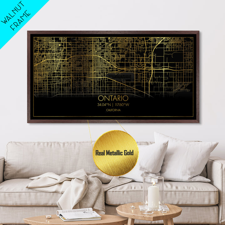 Ontario California City street map, Metallic Gold Print, Metal Art, wood framed map, black and gold, Street Map Wall Art, Minimalist Wall Art