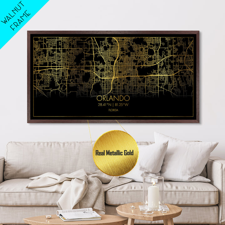 Orlando Florida City Poster, Metallic Gold Art, Metal Art, real wood frames, black and gold, Street Map Art, Modern Wall Art