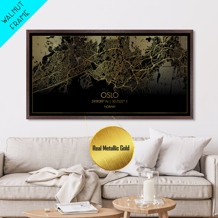 Oslo Norway City street map, Metallic Gold Print, Metal Art, wood framed map, black and gold, Street Map Art, Minimalist Wall Art