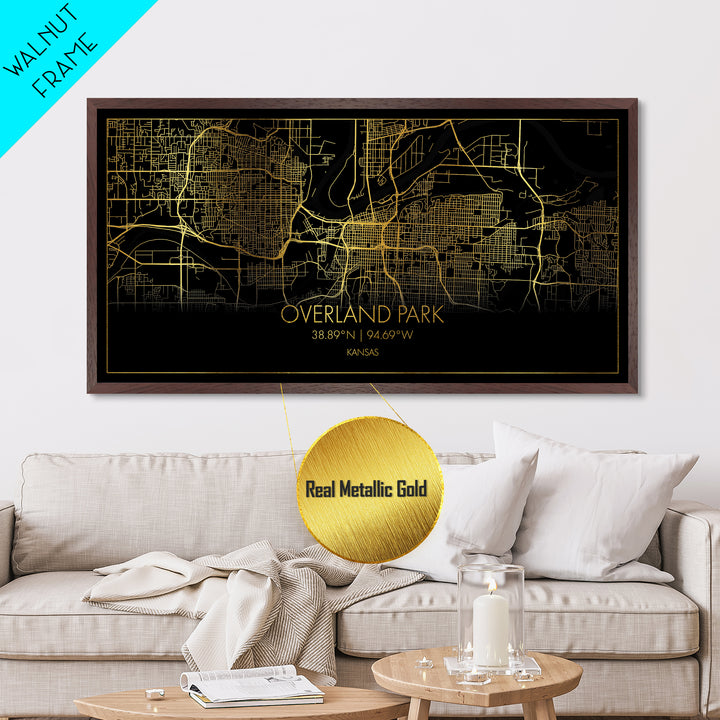 Overland Park Kansas City Poster, Metallic Gold Art, Metal Art, real wood frames, black and gold, Street Map Wall Art, Modern Wall Art