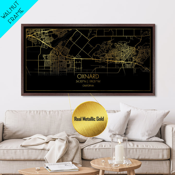 Oxnard California City street map, Metallic Gold Print, Metal Art, wood framed map, black and gold, Street Map Art, Housewarming Gift