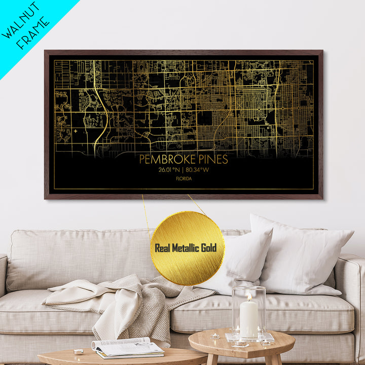 Pembroke Pines Florida City street map, Metallic Gold Print, Metal Art, wood framed map, black and gold, Street Map Art, Best Friend Gifts
