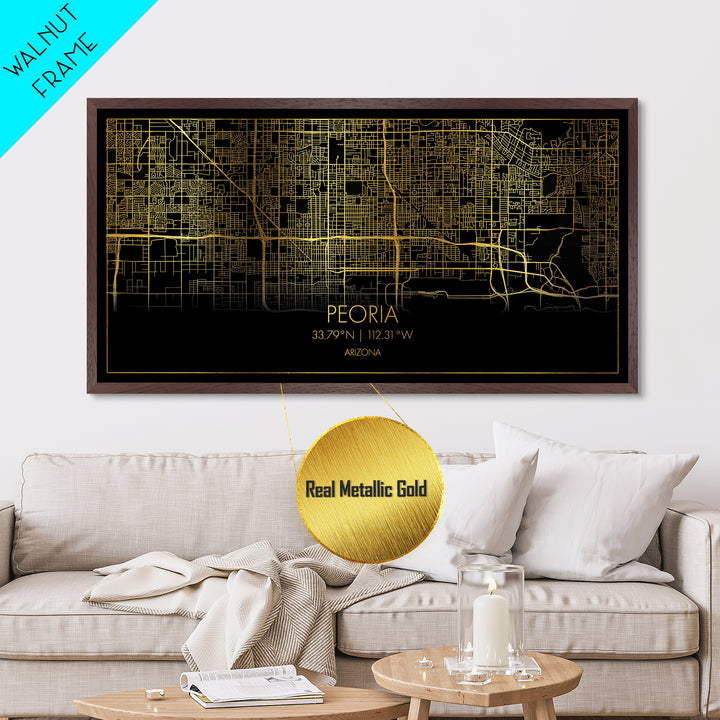 Peoria Arizona City Poster, Metallic Gold Art, Metal Art, real wood frames, black and gold, Street Map Wall Art, College Dorm Décor