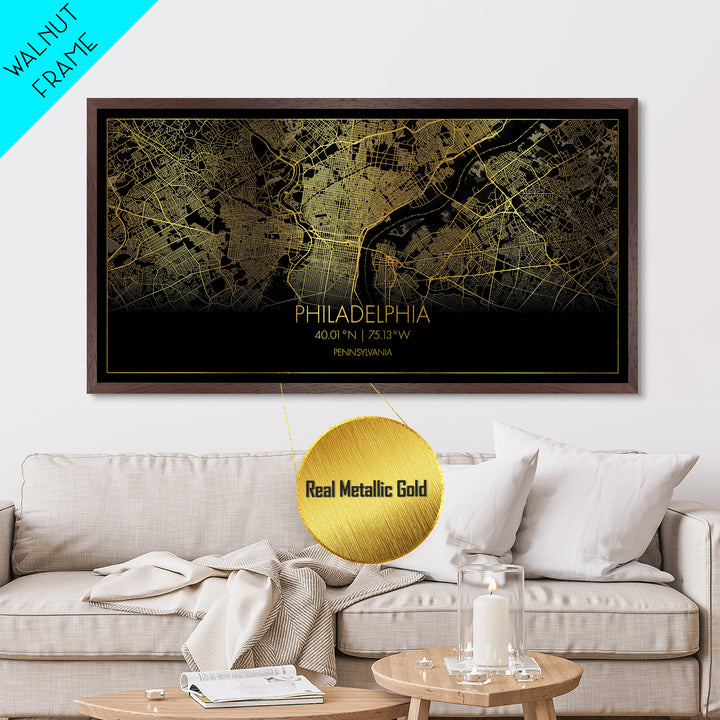 Philadelphia Pennsylvania City street map, Metallic Gold Print, Metal Art, wood framed map, black and gold, Street Map Art, Housewarming Gift
