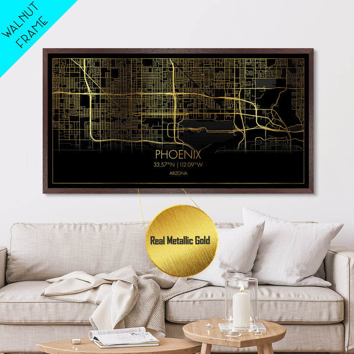 Phoenix Arizona City Poster, Metallic Gold Art, Metal Art, real wood frames, black and gold, Street Map Wall Art, Minimalist Wall Art