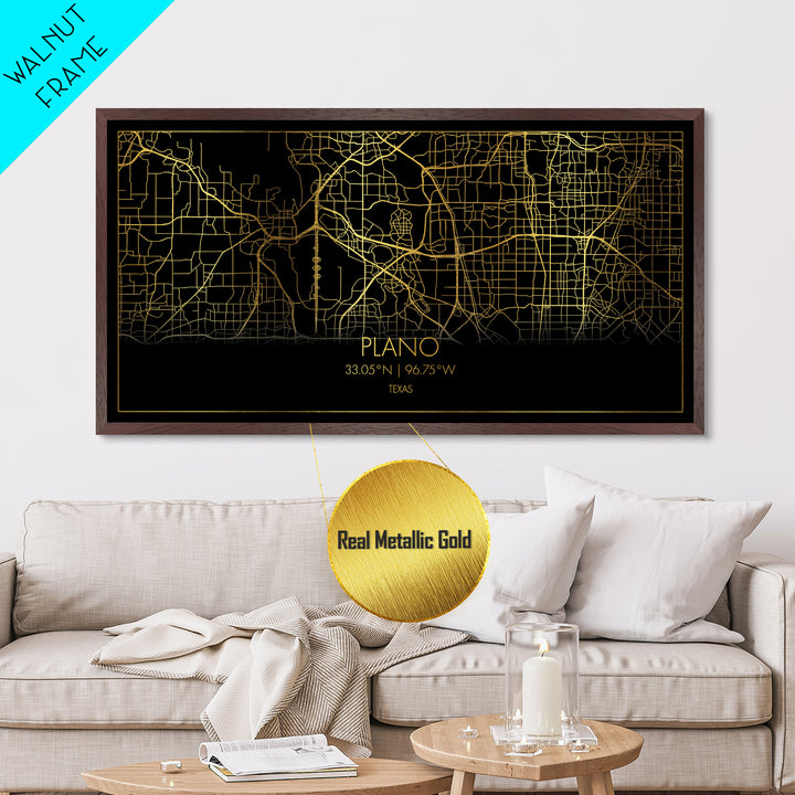 Plano Texas City Poster, Metallic Gold Art, Metal Art, real wood frames, black and gold, Street Map Wall Art, Gold Street Map Art