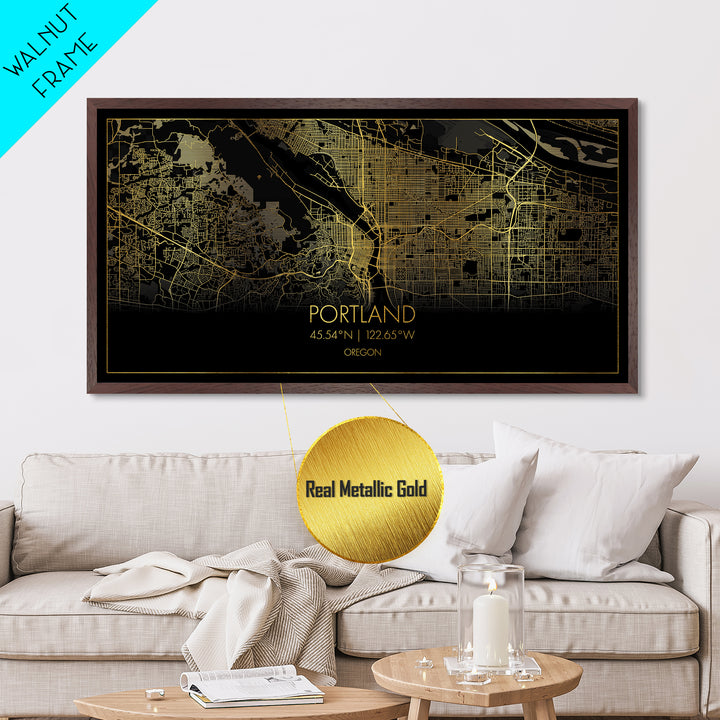 Portland Oregon City street map, Metallic Gold Print, Metal Art, wood framed map, black and gold, Street Map Art, Travel Poster