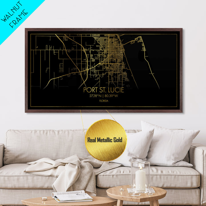 Port St. Lucie Florida City Poster, Metallic Gold Art, Metal Art, real wood frames, black and gold, Street Map Wall Art, Housewarming Gift