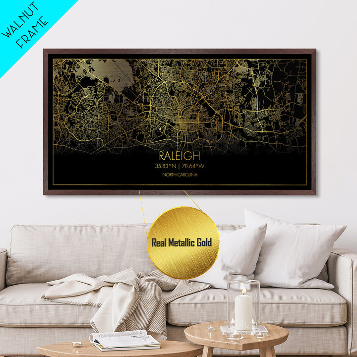 Raleigh North Carolina City street map, Metallic Gold Print, Metal Art, wood framed map, black and gold, Street Map Art, Minimalist Wall Art