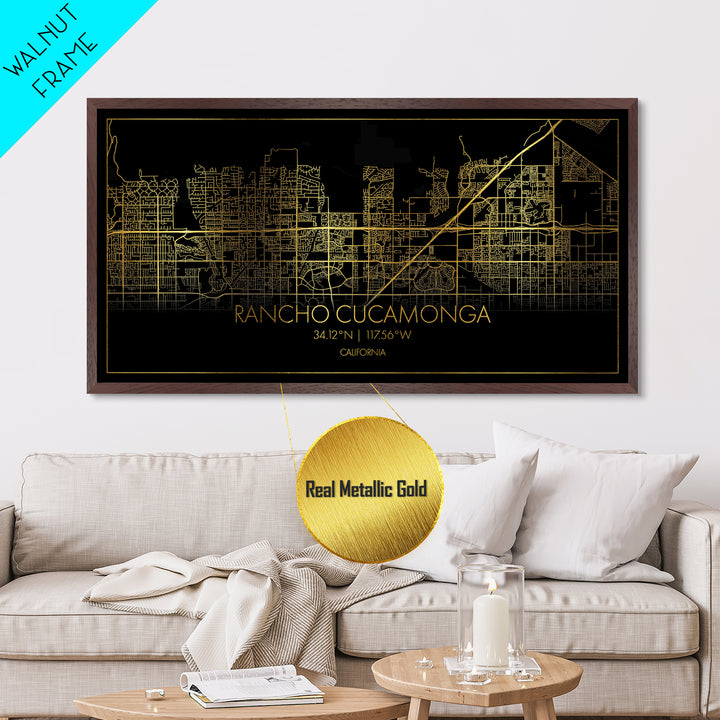 Rancho Cucamonga California City Poster, Metallic Gold Art, Metal Art, real wood frames, black and gold, Street Map Wall Art, College Dorm Décor