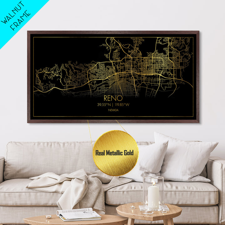 Reno Nevada City street map, Metallic Gold Print, Metal Art, wood framed map, black and gold, Street Map Art, Office Decor