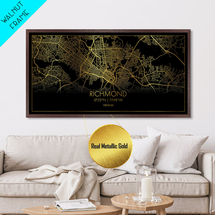 Richmond Virginia City Poster, Metallic Gold Art, Metal Art, real wood frames, black and gold, Street Map Wall Art, Housewarming Gift