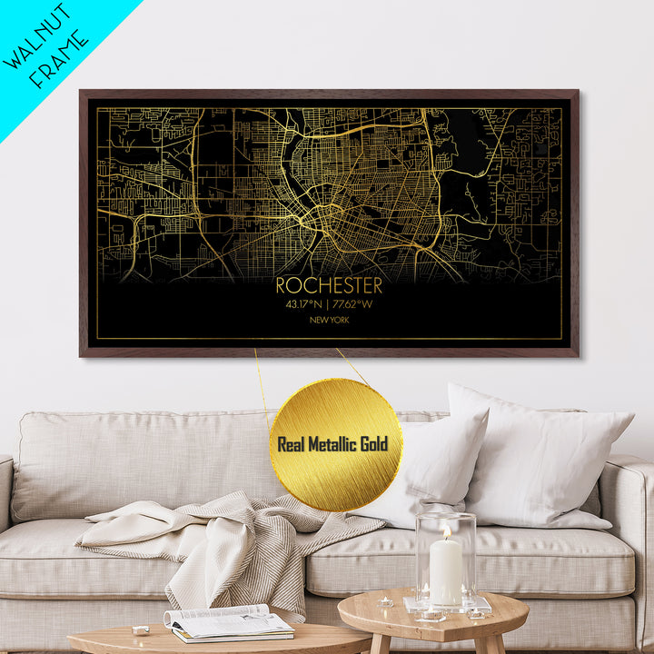 Rochester New York City Poster, Metallic Gold Art, Metal Art, real wood frames, black and gold, Street Map Wall Art, Gold Street Map Art