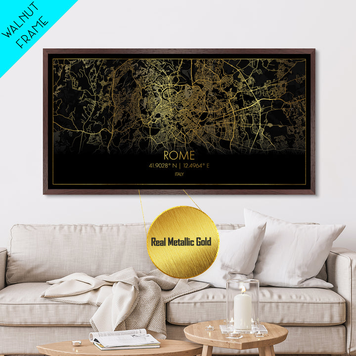 Rome Italy City street map, Metallic Gold Print, Metal Art, wood framed map, black and gold, Street Map Art, Modern Wall Art