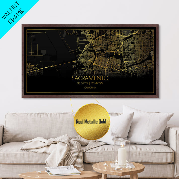 Sacramento California City Poster, Metallic Gold Art, Metal Art, real wood frames, black and gold, Street Map Wall Art, Minimalist Wall Art