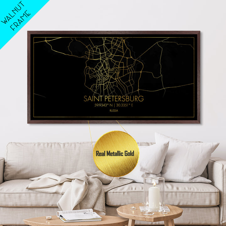 Saint Petersburg Russia City street map, Metallic Gold Print, Metal Art, wood framed map, black and gold, Street Map Art, Real Wood Frames