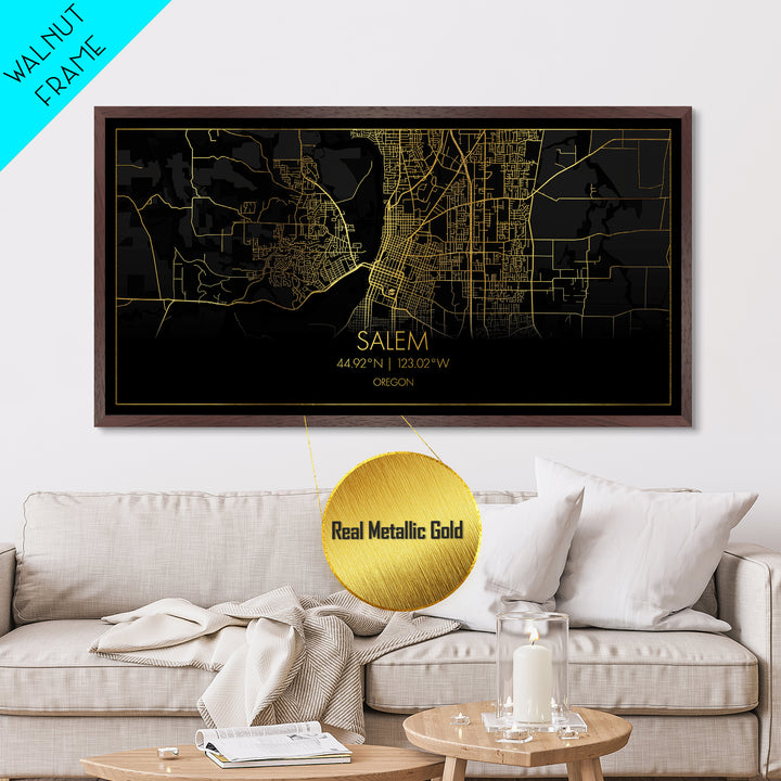 Salem Oregon City Poster, Metallic Gold Art, Metal Art, real wood frames, black and gold, Street Map Wall Art, Gold Street Map Art