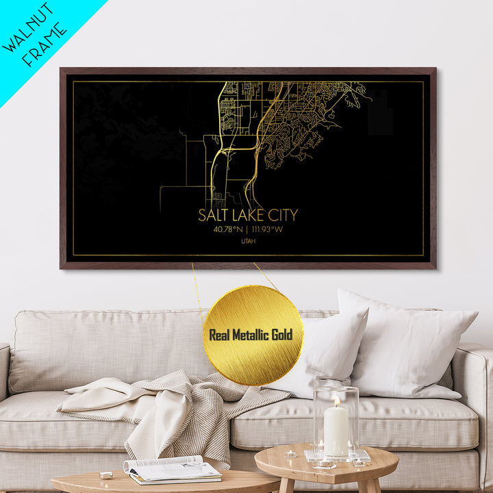 Salt Lake City Utah City street map, Metallic Gold Print, Metal Art, wood framed map, black and gold, Street Map Art, Best Friend Gifts