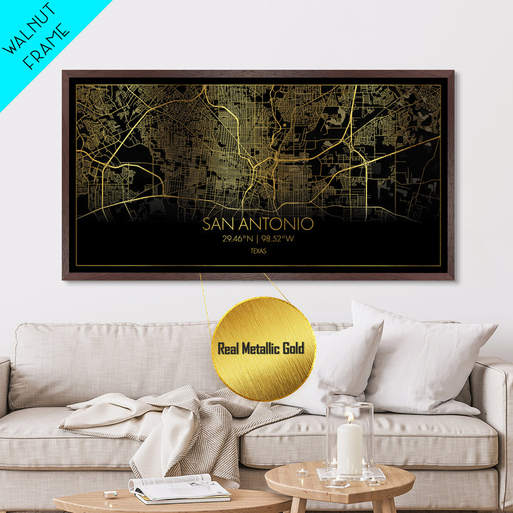San Antonio Texas City Poster, Metallic Gold Art, Metal Art, real wood frames, black and gold, Street Map Wall Art, College Dorm Décor