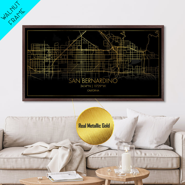 San Bernardino California City street map, Metallic Gold Print, Metal Art, wood framed map, black and gold, Street Map Art, Map Print Poster