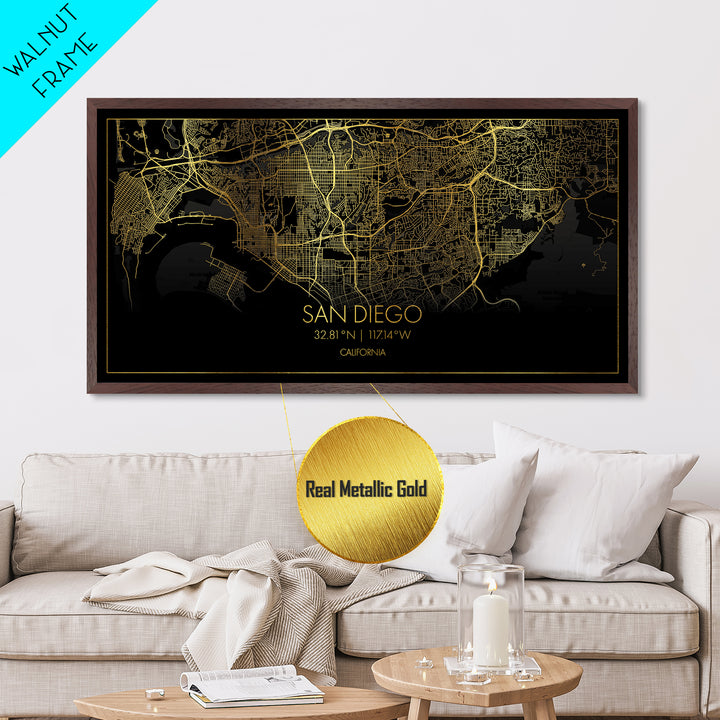 San Diego California City Poster, Metallic Gold Art, Metal Art, real wood frames, black and gold, Street Map Wall Art, Minimalist Wall Art