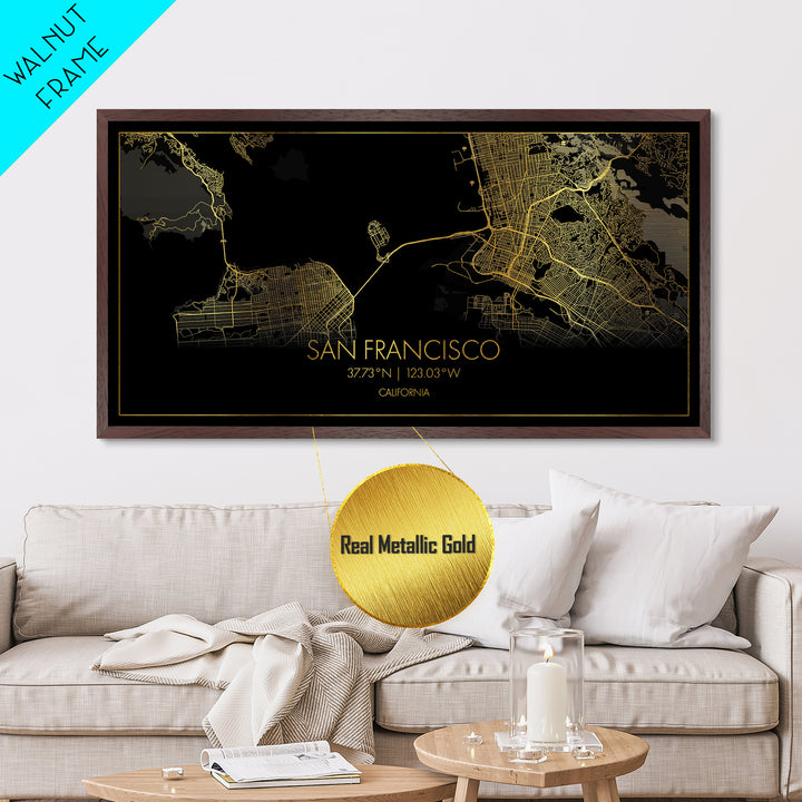 San Francisco California City street map, Metallic Gold Print, Metal Art, wood framed map, black and gold, Street Map Art, Gold Street Map Art