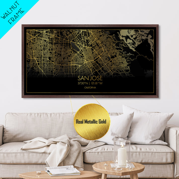 San Jose California City Poster, Metallic Gold Art, Metal Art, real wood frames, black and gold, Street Map Wall Art, Housewarming Gift