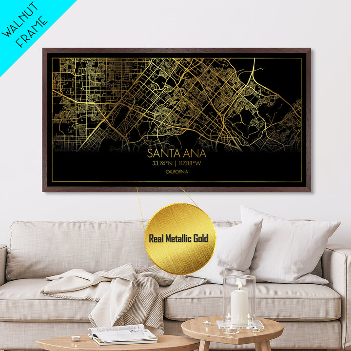 Santa Ana California City street map, Metallic Gold Print, Metal Art, wood framed map, black and gold, Street Map Art, Modern Wall Art