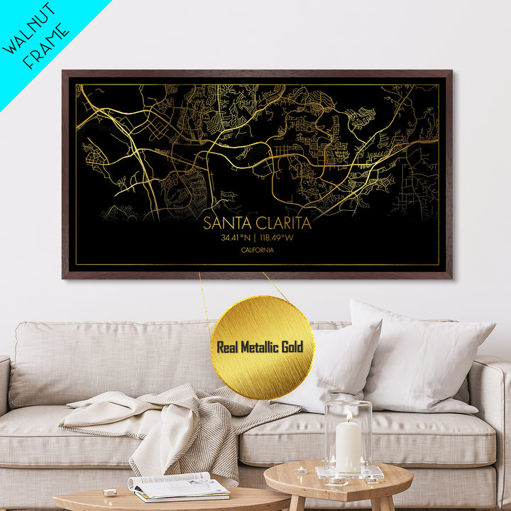 Santa Clarita California City Poster, Metallic Gold Art, Metal Art, real wood frames, black and gold, Street Map Wall Art, Real Wood Frames