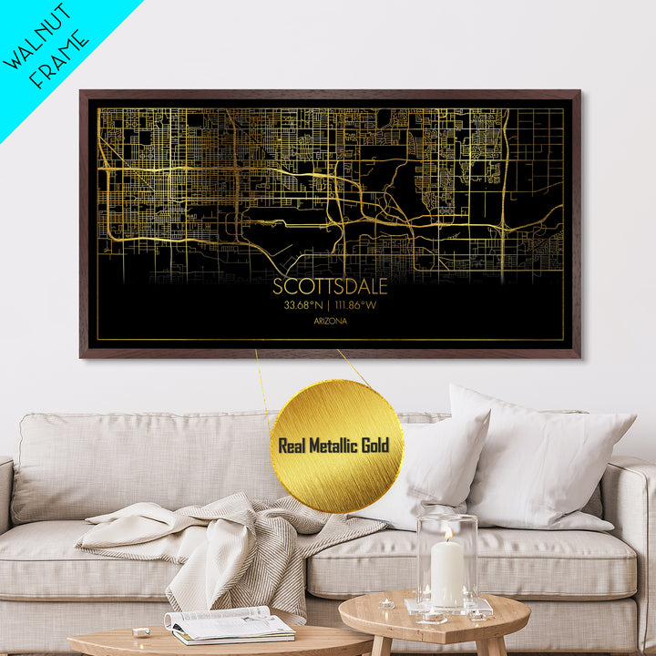 Scottsdale Arizona City Poster, Metallic Gold Art, Metal Art, real wood frames, black and gold, Street Map Wall Art, Map Art