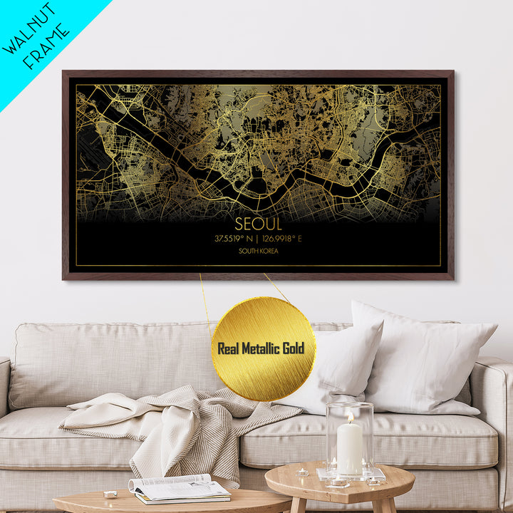 Seoul South Korea City Poster, Metallic Gold Art, Metal Art, real wood frames, black and gold, Street Map Wall Art, Office Decor