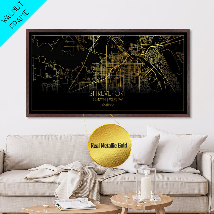 Shreveport Louisiana City street map, Metallic Gold Print, Metal Art, wood framed map, black and gold, Street Map Art, Real Wood Frames