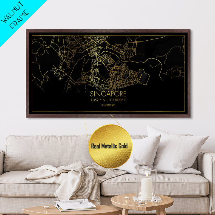 Singapore Singapore City Poster, Metallic Gold Art, Metal Art, real wood frames, black and gold, Street Map Wall Art, Housewarming Gift