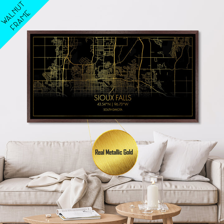 Sioux Falls South Dakota City street map, Metallic Gold Print, Metal Art, wood framed map, black and gold, Street Map Art, Best Friend Gifts