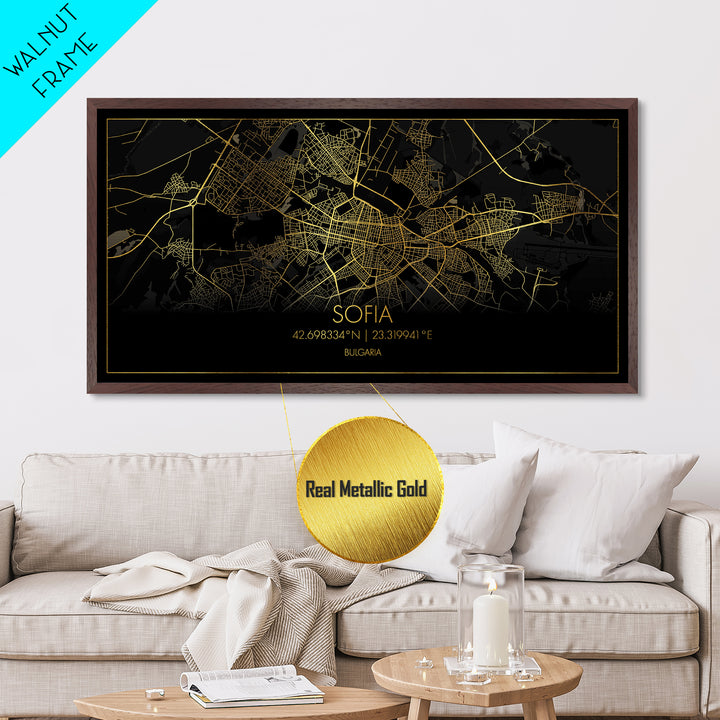 Sofia Bulgaria City Poster, Metallic Gold Art, Metal Art, real wood frames, black and gold, Street Map Wall Art, Modern Wall Art
