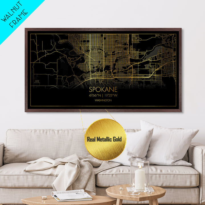 Spokane Washington City street map, Metallic Gold Print, Metal Art, wood framed map, black and gold, Street Map Art, Modern Wall Art