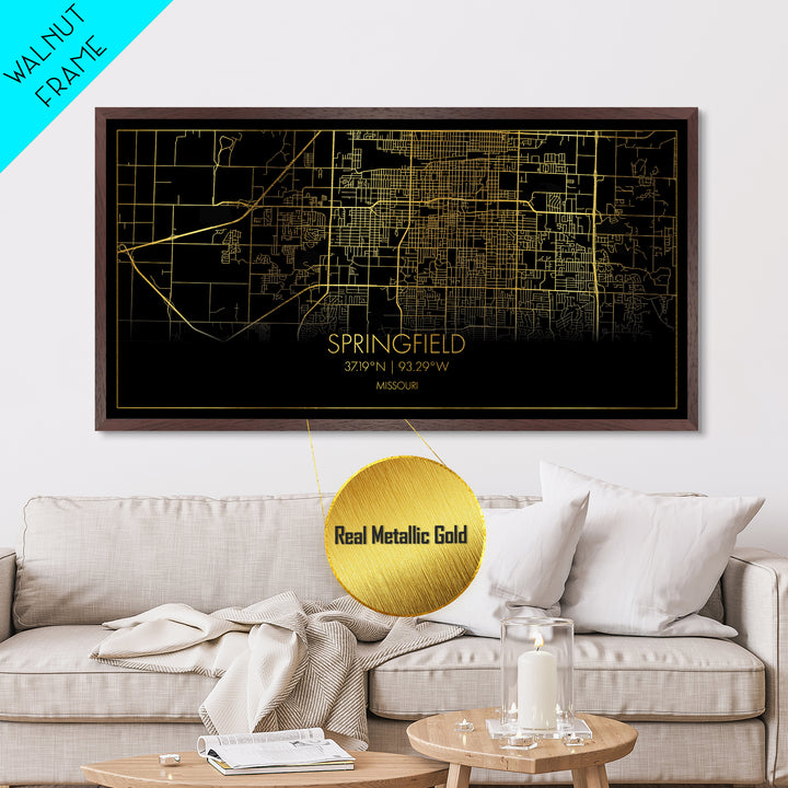 Springfield Missouri City Poster, Metallic Gold Art, Metal Art, real wood frames, black and gold, Street Map Wall Art, Minimalist Wall Art