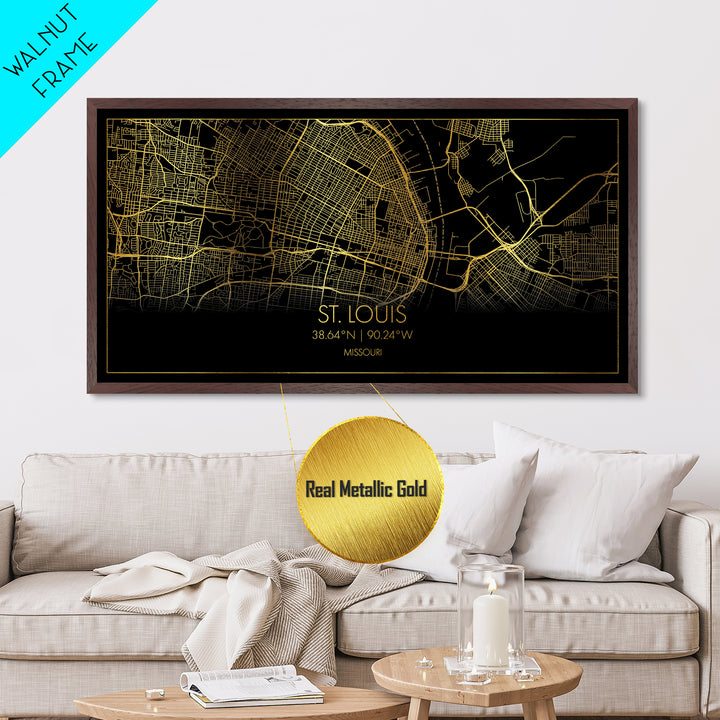 St. Louis Missouri City street map, Metallic Gold Print, Metal Art, wood framed map, black and gold, Street Map Art, Gold Street Map Art