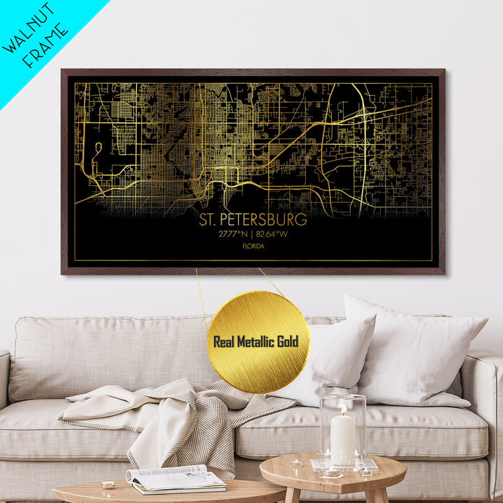 St. Petersburg Florida City street map, Metallic Gold Print, Metal Art, wood framed map, black and gold, Street Map Art, Real Wood Frames