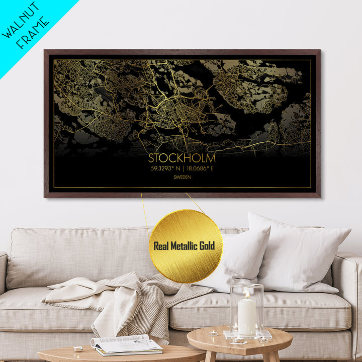 Stockholm Sweden City Poster, Metallic Gold Art, Metal Art, real wood frames, black and gold, Street Map Wall Art, Housewarming Gift