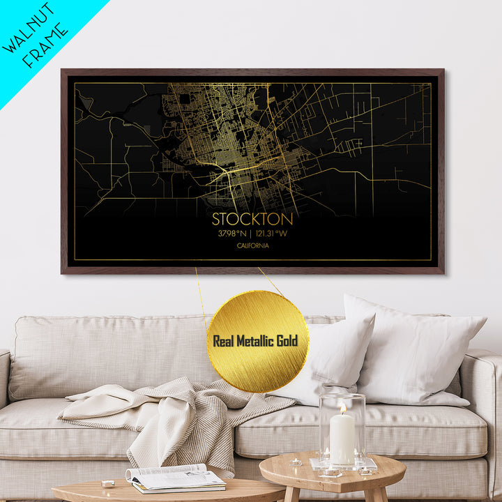 Stockton California City street map, Metallic Gold Print, Metal Art, wood framed map, black and gold, Street Map Art, Modern Wall Art