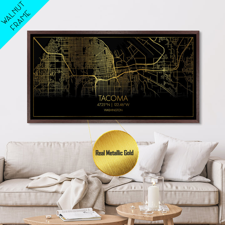 Tacoma Washington City Poster, Metallic Gold Art, Metal Art, real wood frames, black and gold, Street Map Wall Art, College Dorm Décor